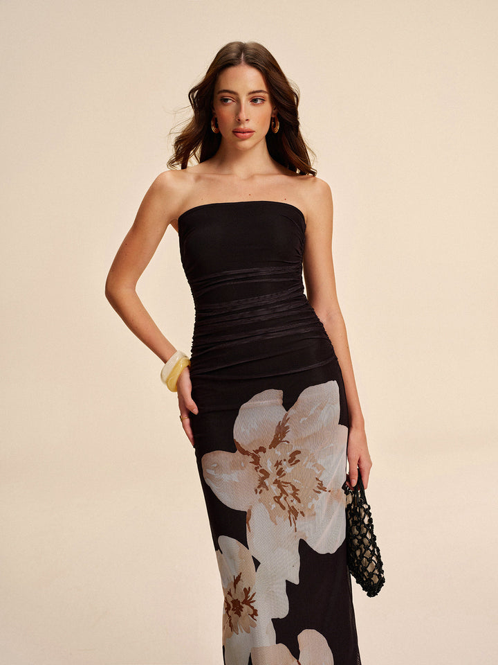 Robe longue en maille florale transparente sans bretelles à volants