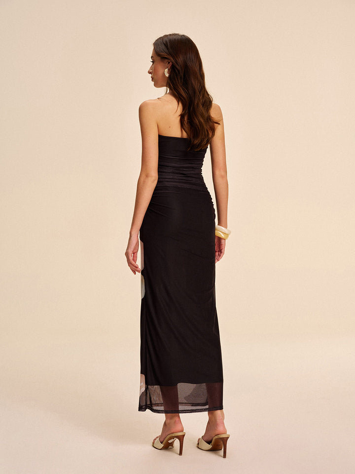 Robe longue en maille florale transparente sans bretelles à volants