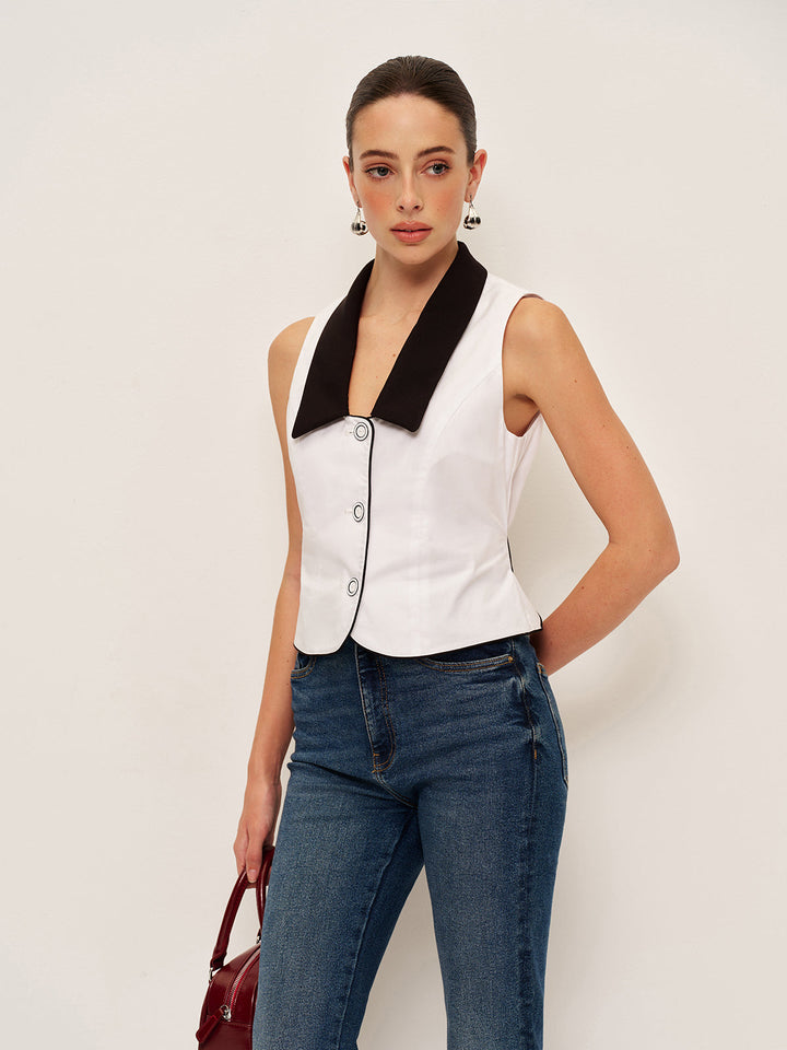 Gilet à Boutons avec Col Contrastant et Nœud Arrière
