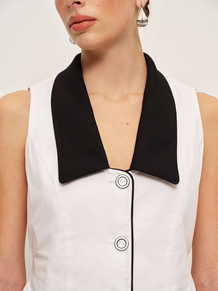 Gilet à Boutons avec Col Contrastant et Nœud Arrière