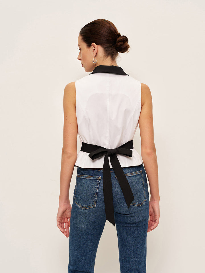 Gilet à Boutons avec Col Contrastant et Nœud Arrière