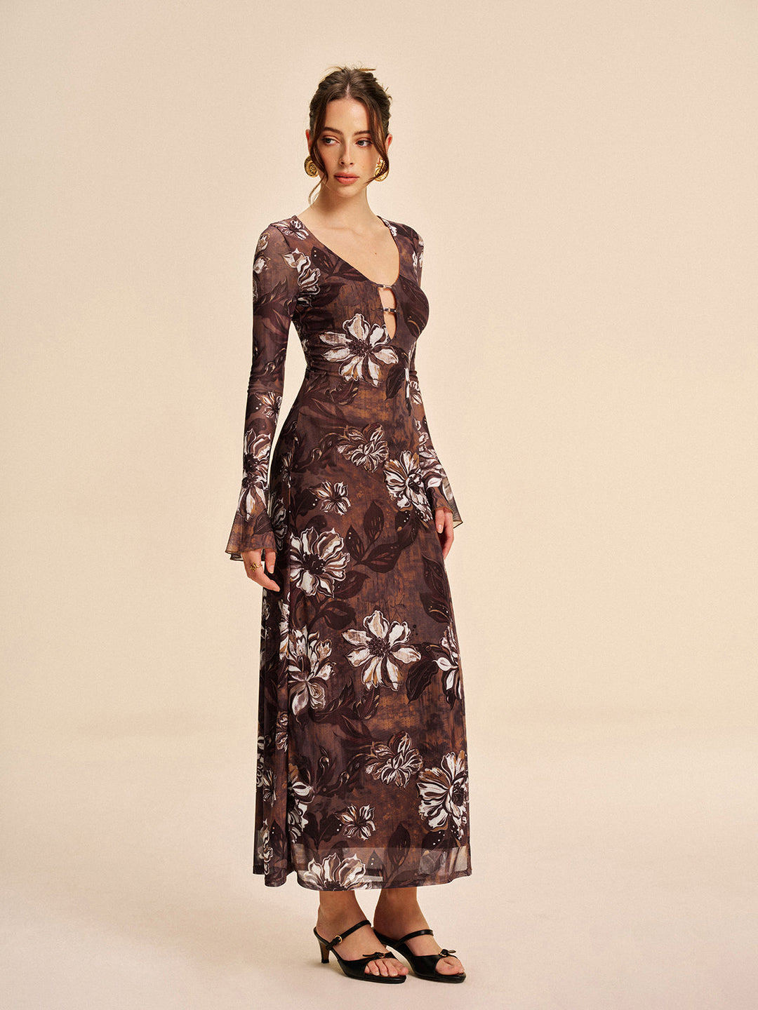 Robe Longue Semi-Transparente Fleurie Découpée à Fente