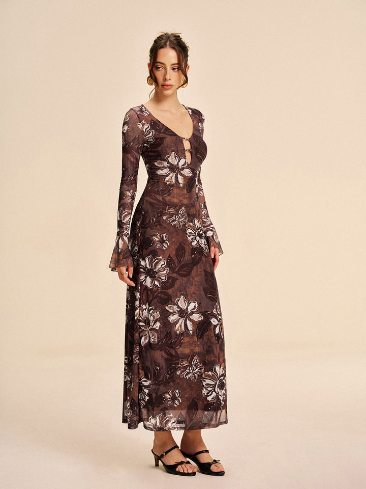 Robe Longue Semi-Transparente Fleurie Découpée à Fente