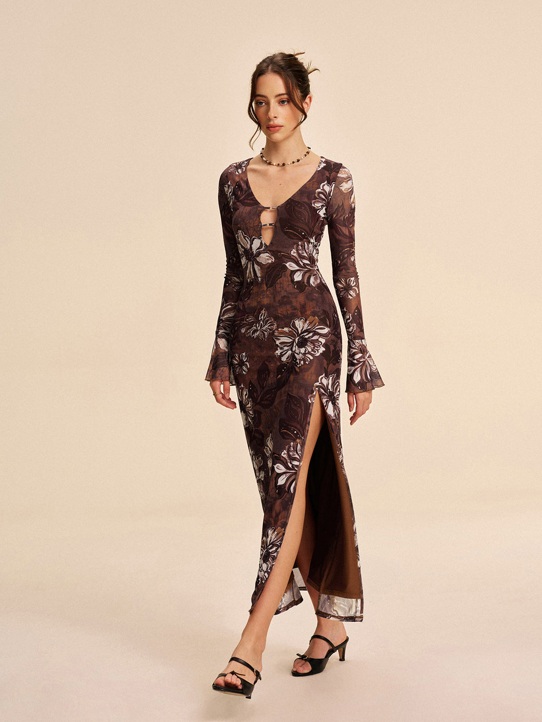 Robe Longue Semi-Transparente Fleurie Découpée à Fente
