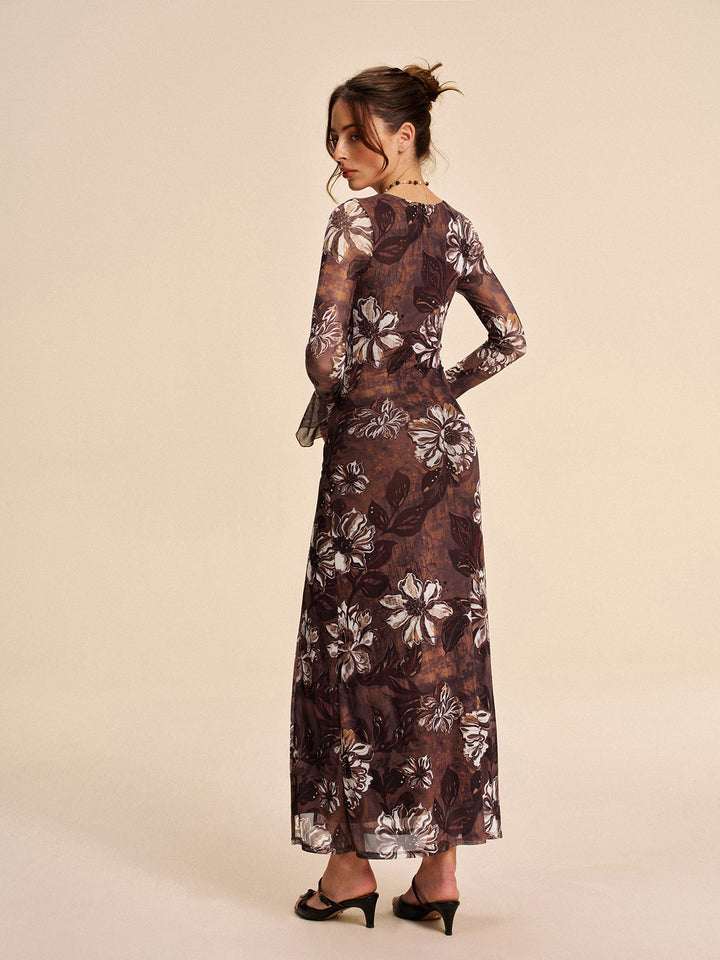 Robe Longue Semi-Transparente Fleurie Découpée à Fente