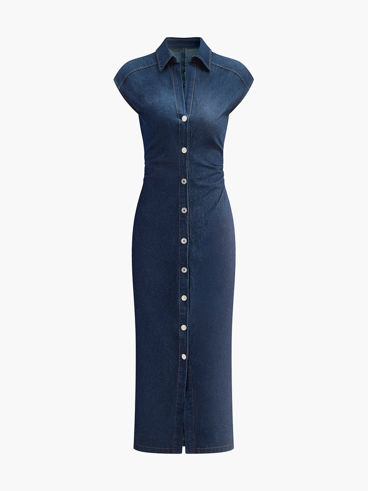 Robe en jean sans manches à col en V et boutonnée