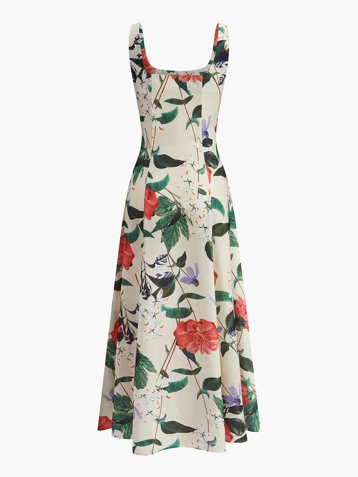 Robe Manches Courtes à Imprimé Floral et Fermeture Éclair