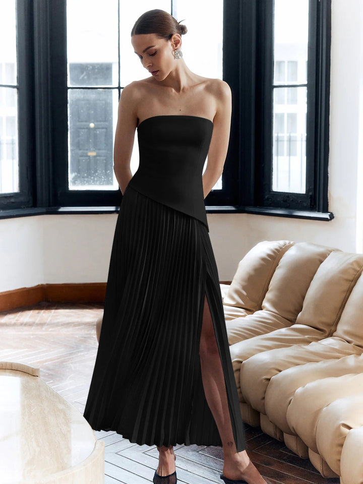 Robe Longue Unie à Bretelles Fendue et Plissée