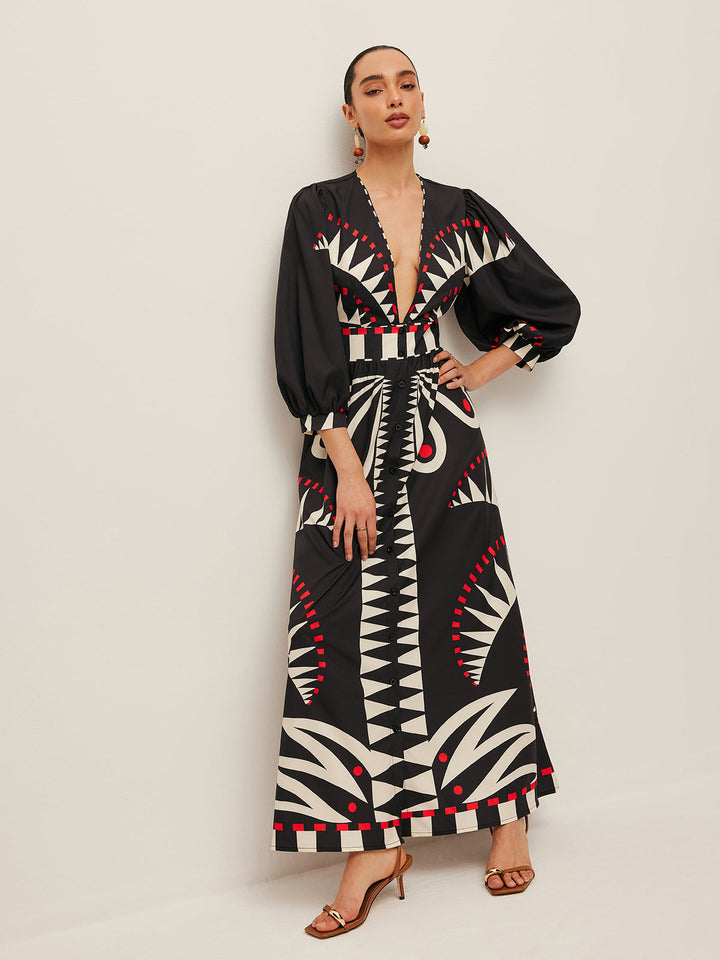 Robe Longue Bohème à Col V et Fente