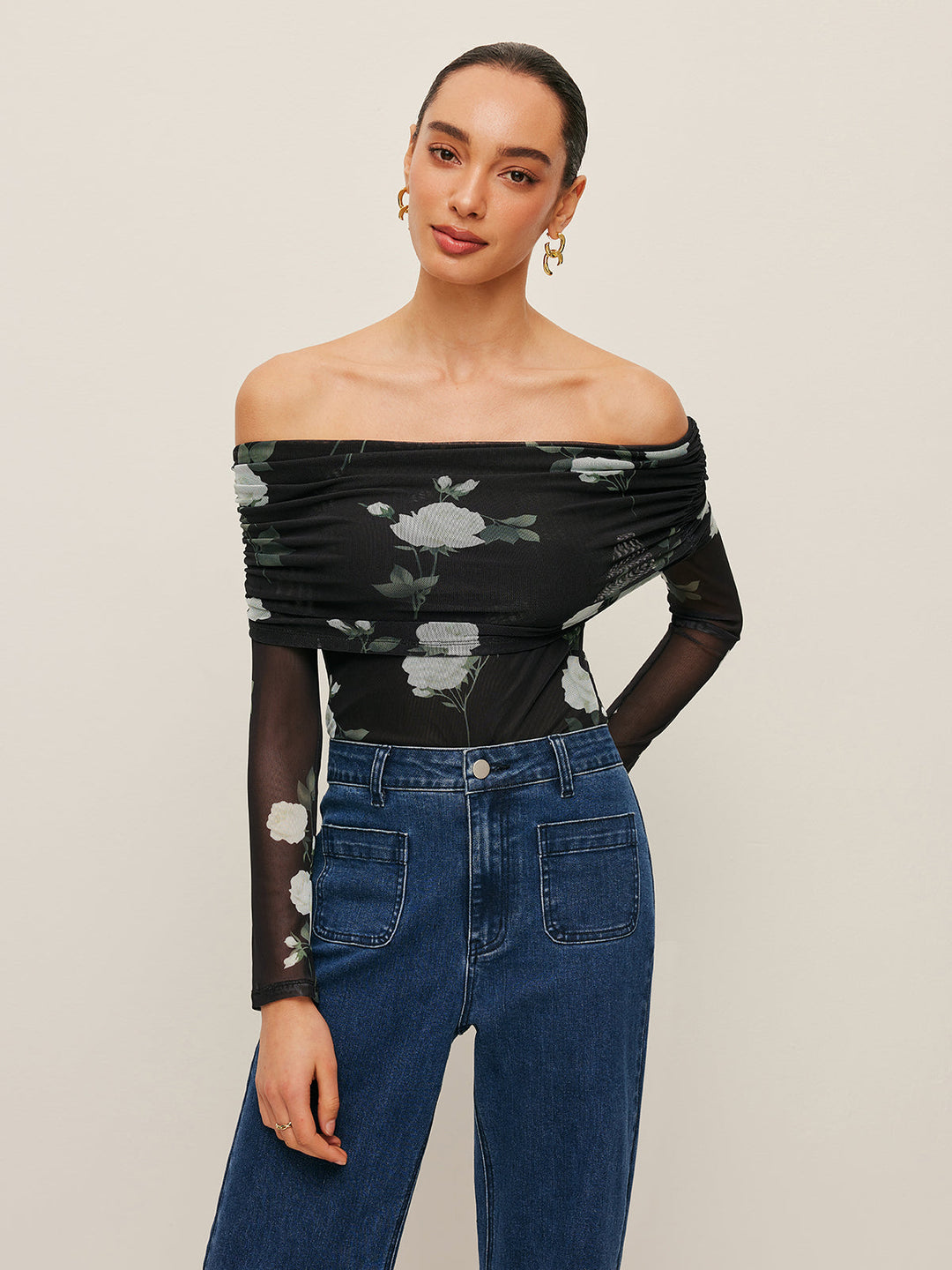 Haut à Manches en Maille Semi-Transparente à Fleur et Épaule Décolletée