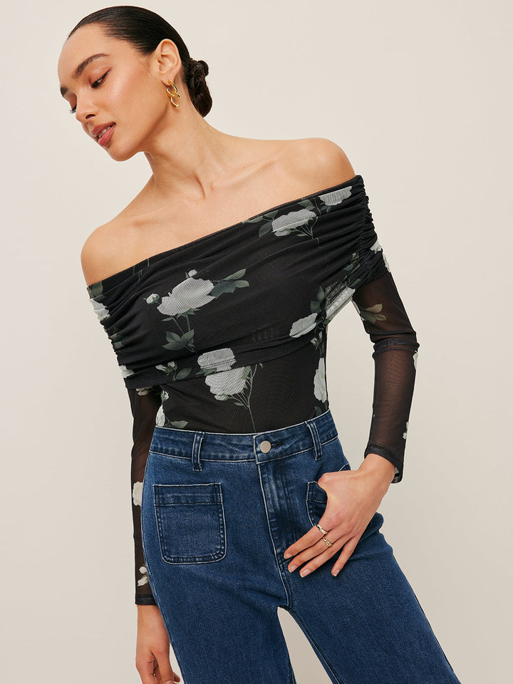 Haut à Manches en Maille Semi-Transparente à Fleur et Épaule Décolletée