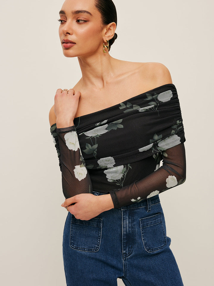 Haut à Manches en Maille Semi-Transparente à Fleur et Épaule Décolletée
