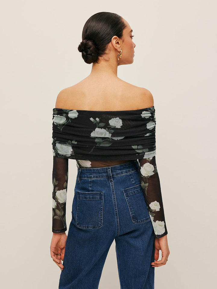 Haut à Manches en Maille Semi-Transparente à Fleur et Épaule Décolletée
