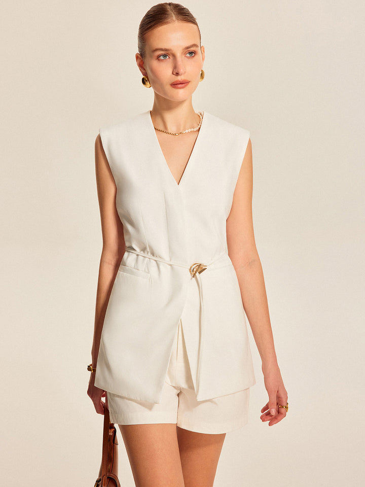 Gilet sans manches en V avec ceinture