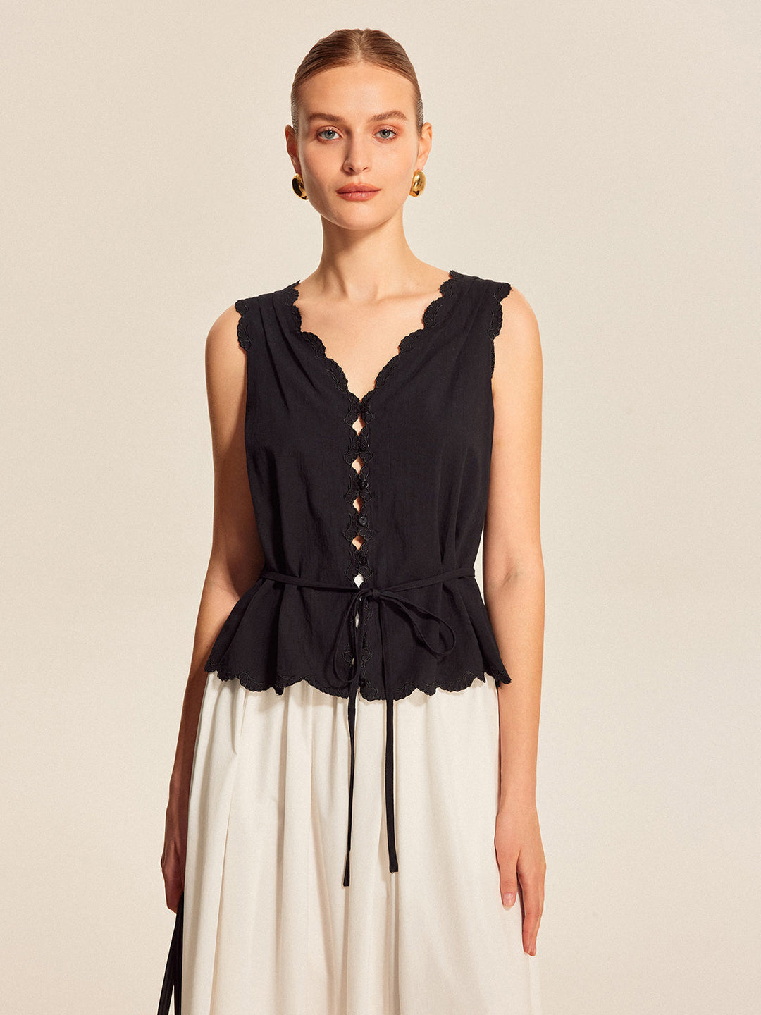 Top Boutonné Festonné à Bordure en Dentelle