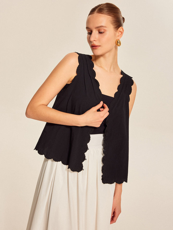 Top Boutonné Festonné à Bordure en Dentelle