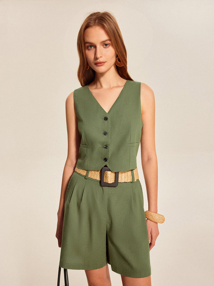 Ensemble Short Boutonné Col V avec Ceinture