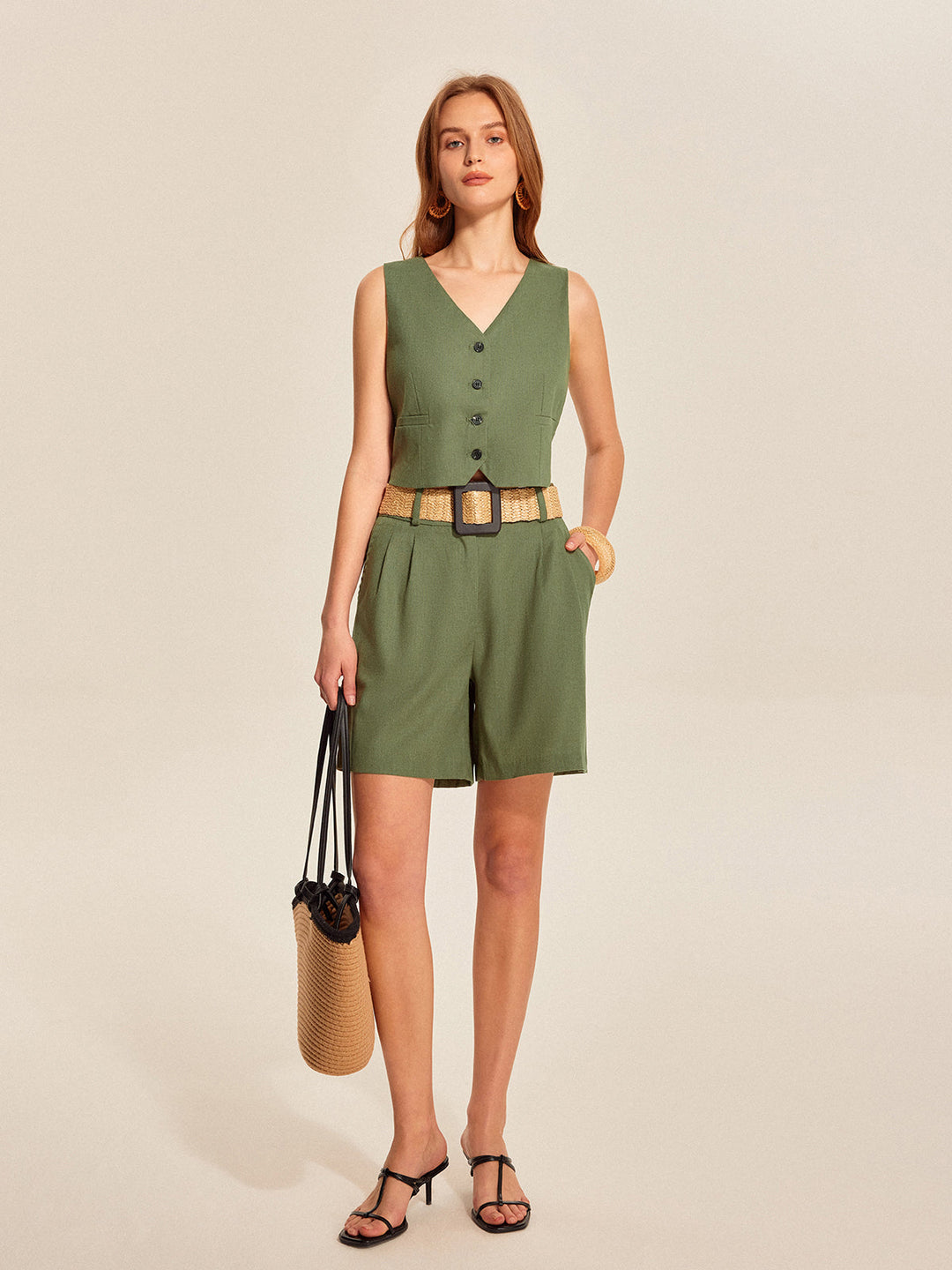 Ensemble Short Boutonné Col V avec Ceinture