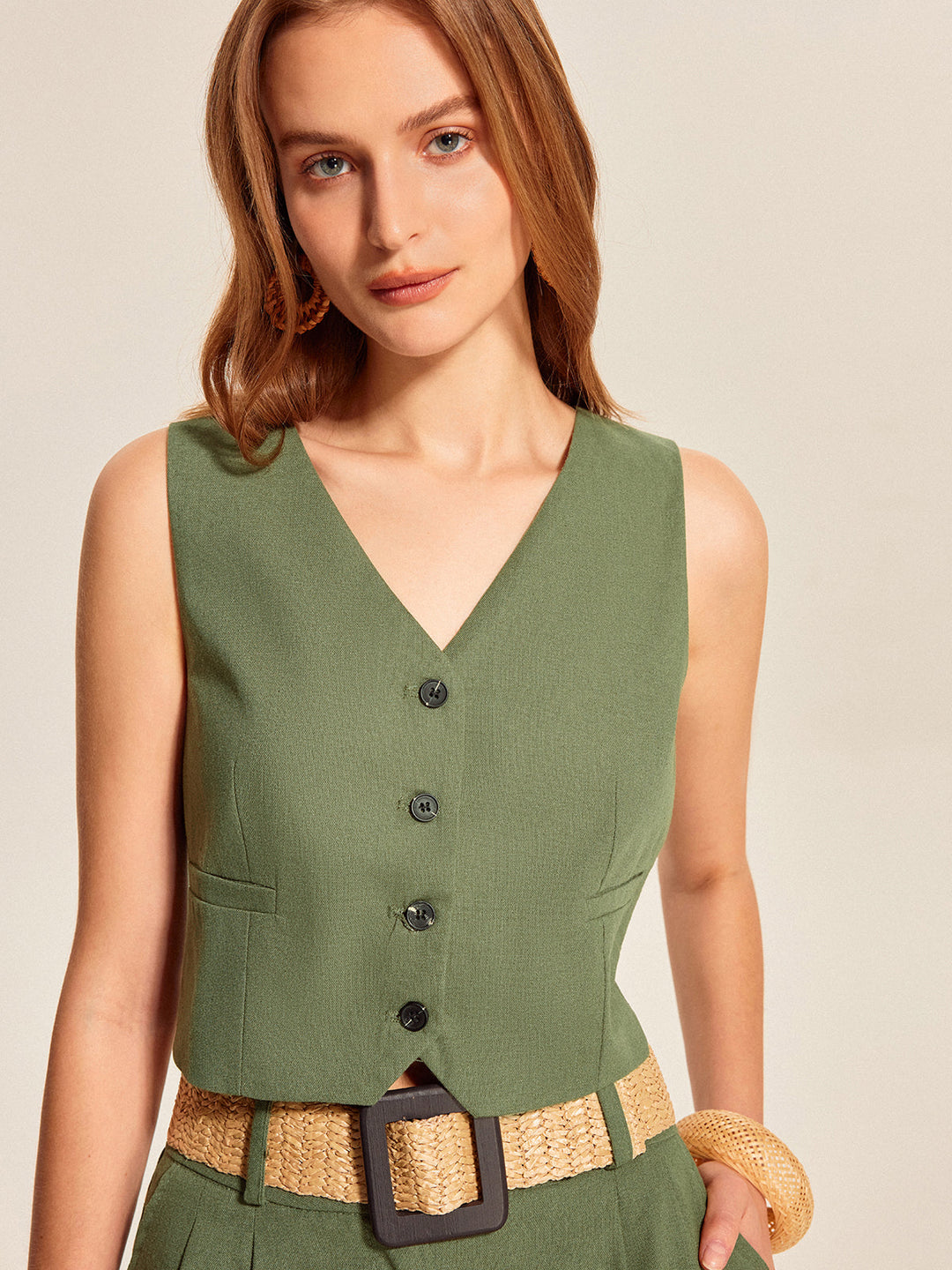 Ensemble Short Boutonné Col V avec Ceinture