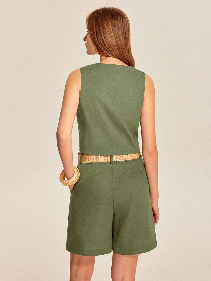 Ensemble Short Boutonné Col V avec Ceinture