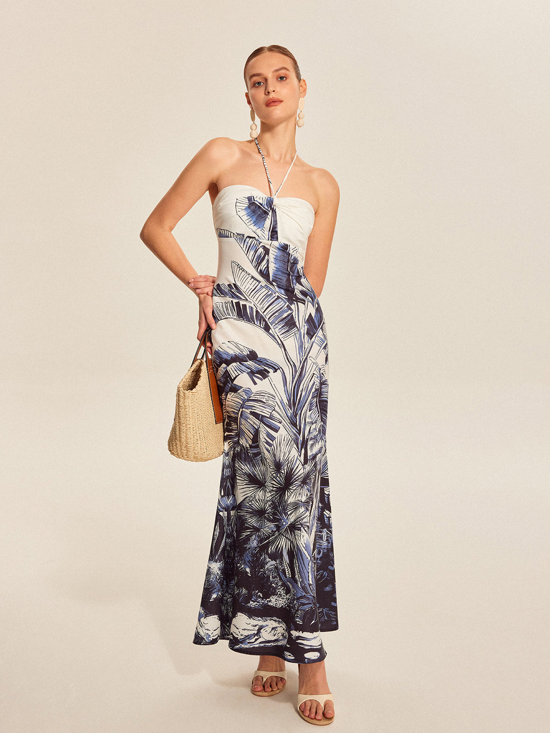 Robe Longue à Bretelles, Col Bateau et Imprimé