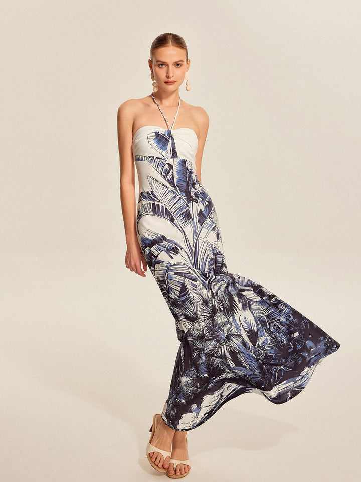 Robe Longue à Bretelles, Col Bateau et Imprimé