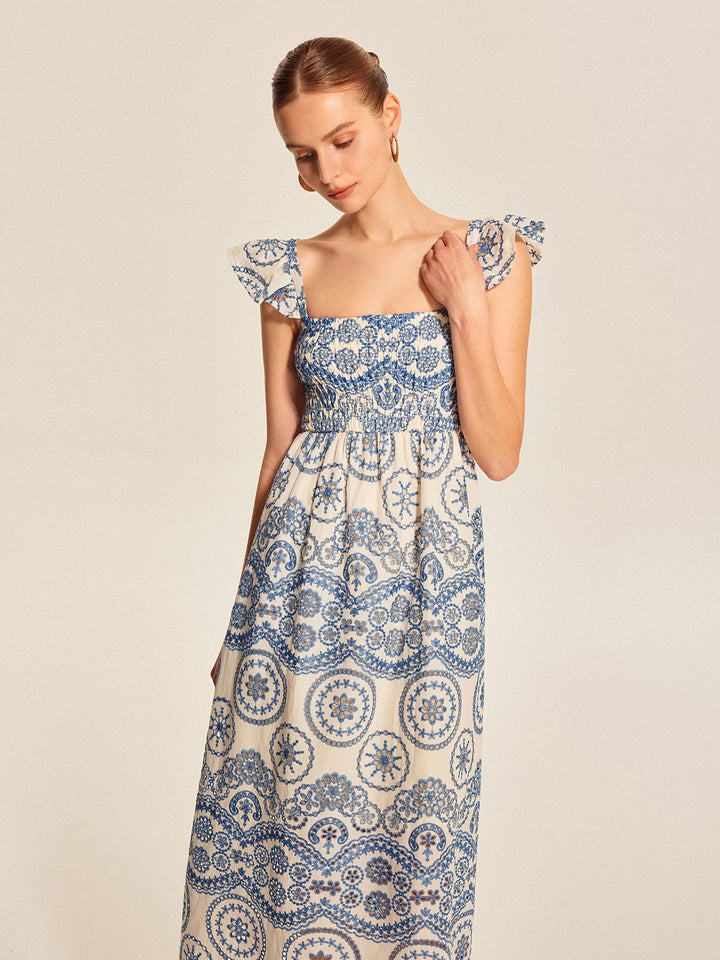 Robe Longue Bohème à Fleurs Semi-Transparente avec Découpe Arrière