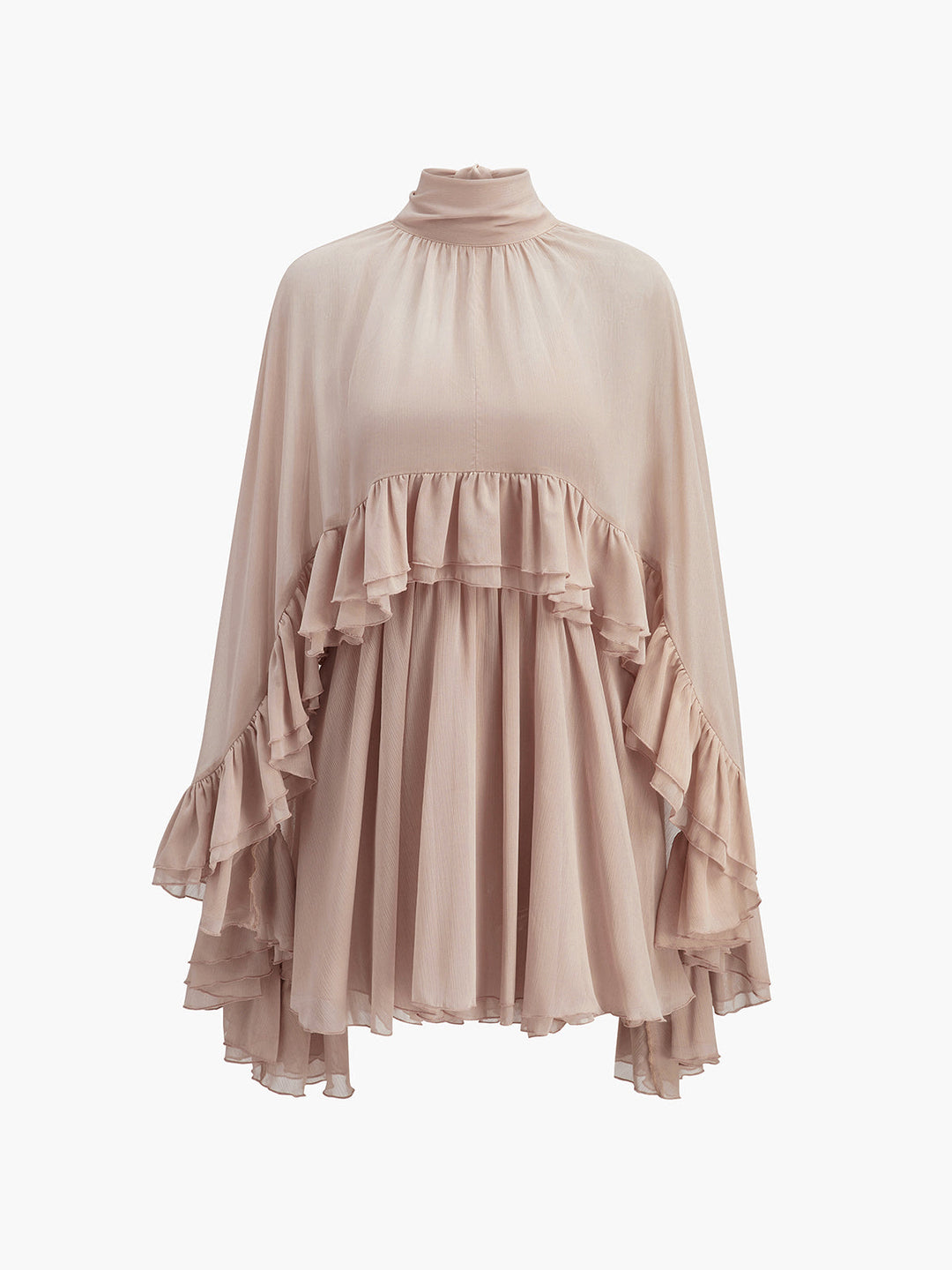 Robe mi-transparente en mousseline avec volants et cape extérieure
