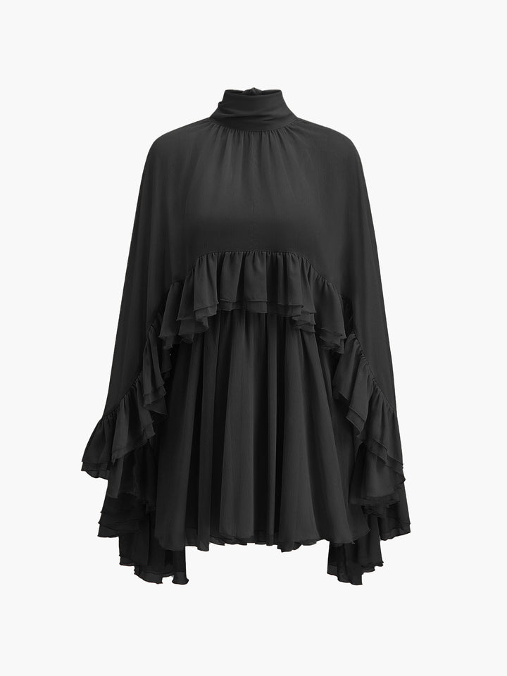 Robe mi-transparente en mousseline avec volants et cape extérieure
