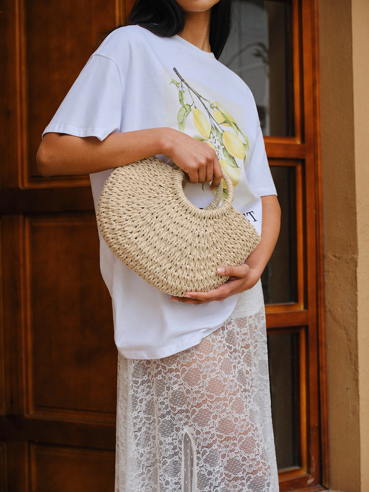 Sac Cabas Demi-Lune en Paille Tissée