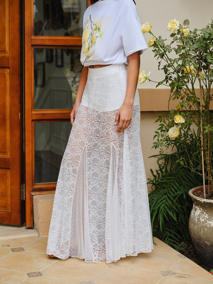 Jupe en Dentelle Semi-Transparente Taille Mi-Haute