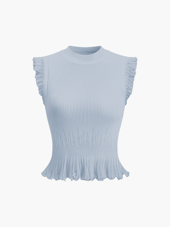 Haut court à volants en tricot côtelé