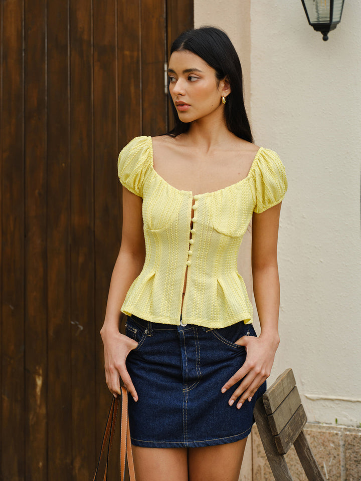 Haut Peplum à Manches Bouffantes et Boutons Devant