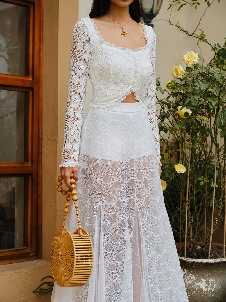 Jupe en Dentelle Semi-Transparente Taille Mi-Haute