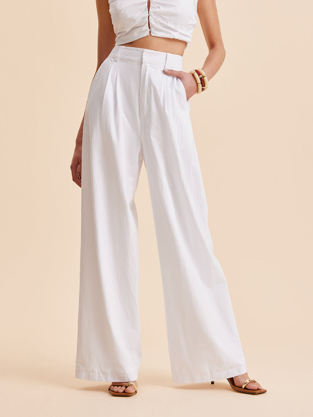 Pantalon large taille mi-haute en coton avec poches