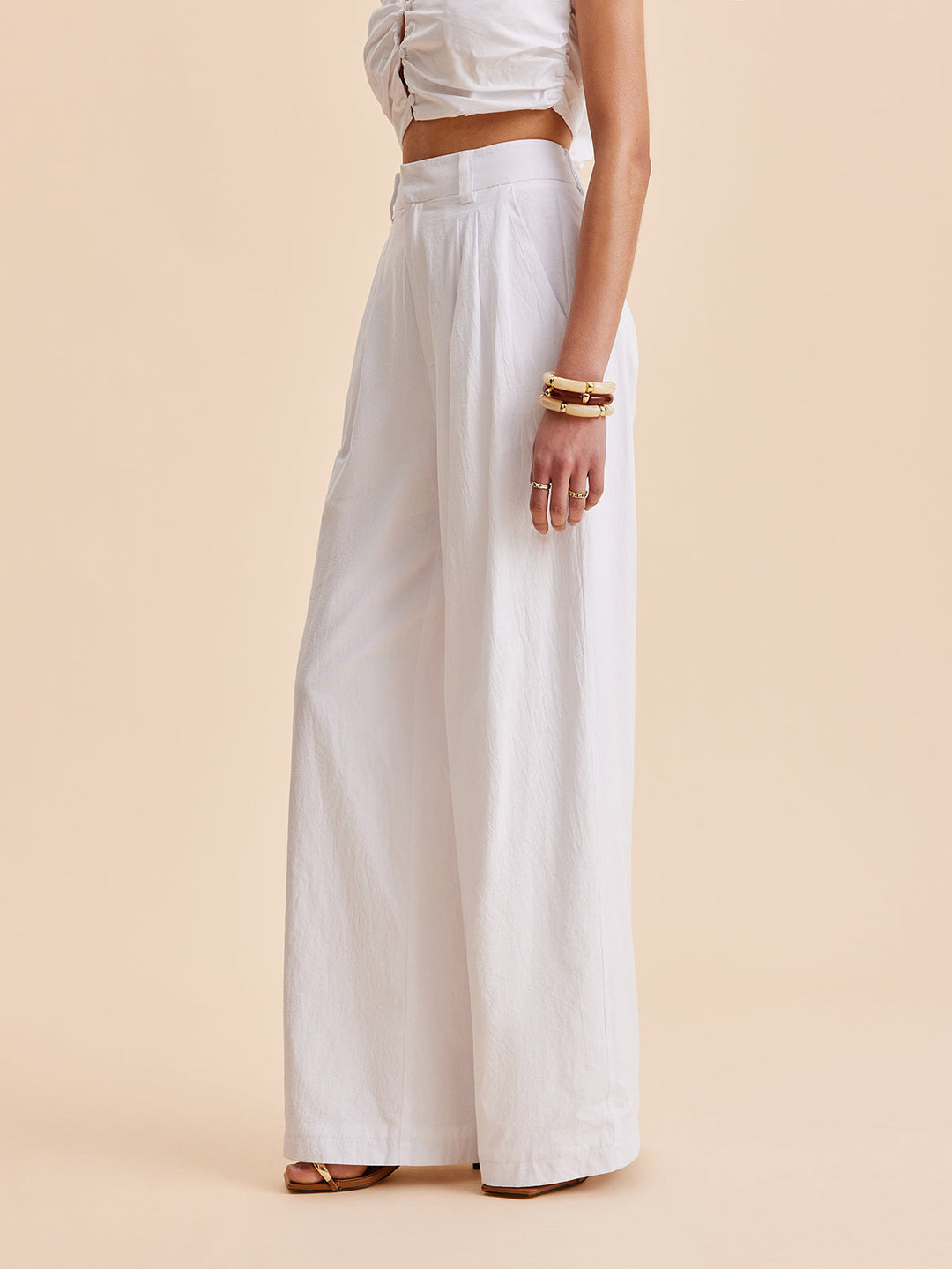 Pantalon large taille mi-haute en coton avec poches