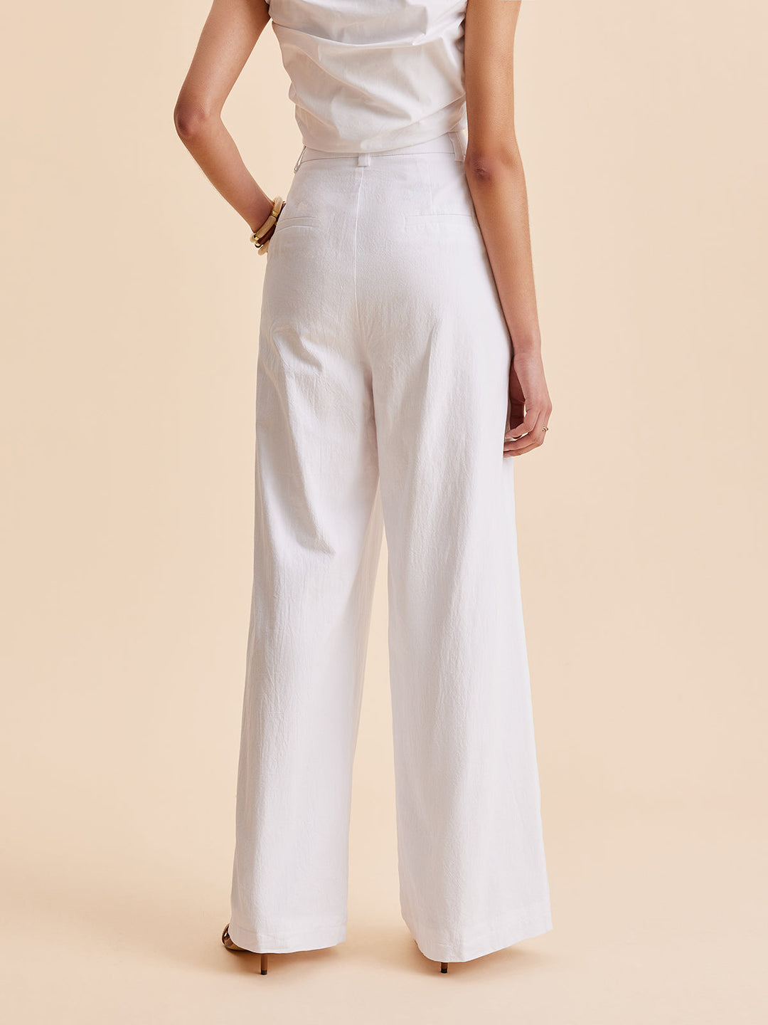 Pantalon large taille mi-haute en coton avec poches