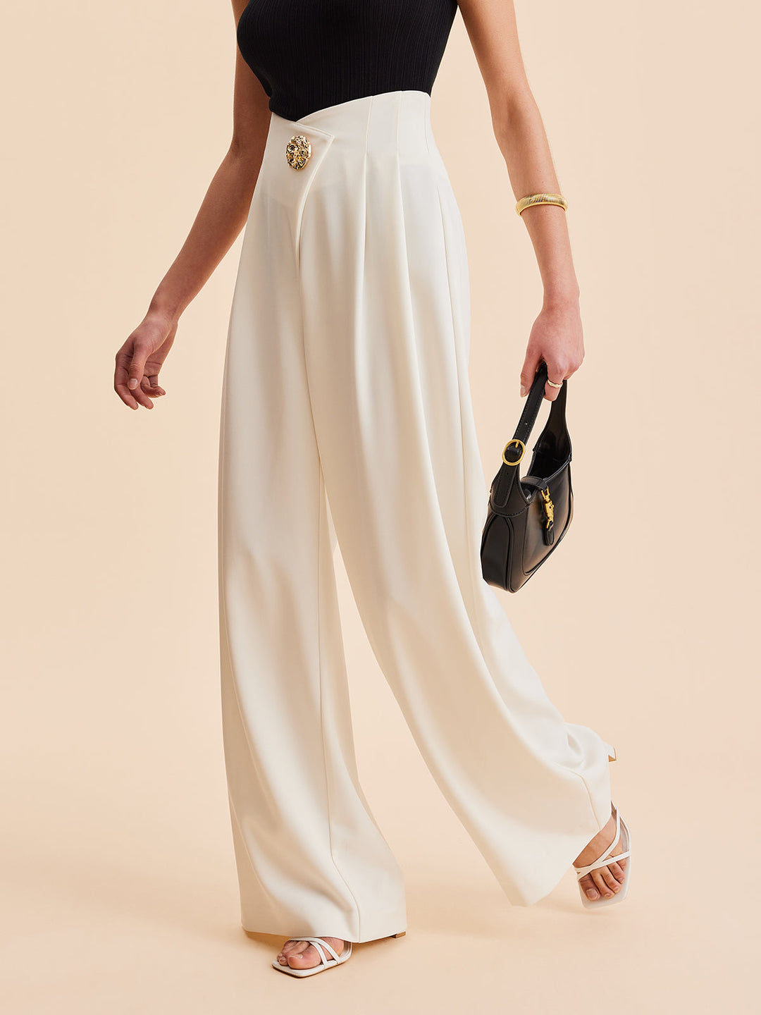 Pantalon large taille haute orné