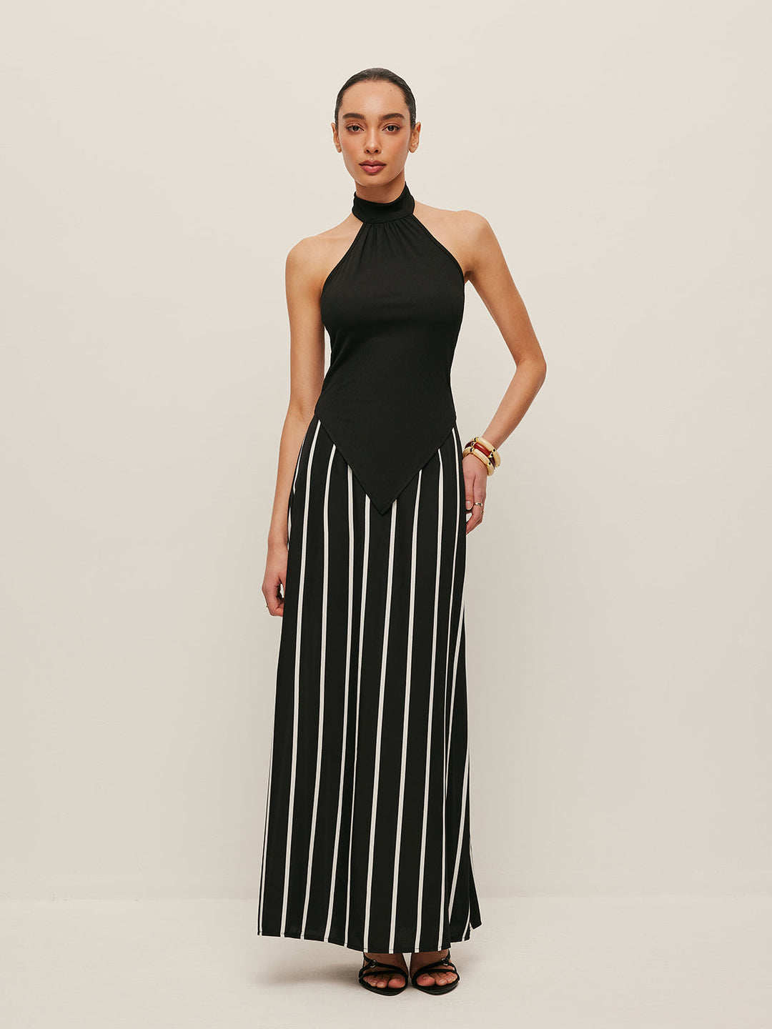 Ensemble Jupe Jupe Asymétrique à Rayures Haut Col