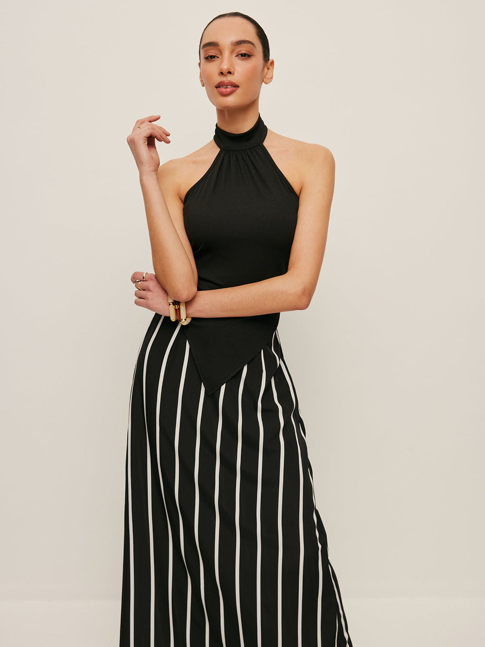 Ensemble Jupe Jupe Asymétrique à Rayures Haut Col
