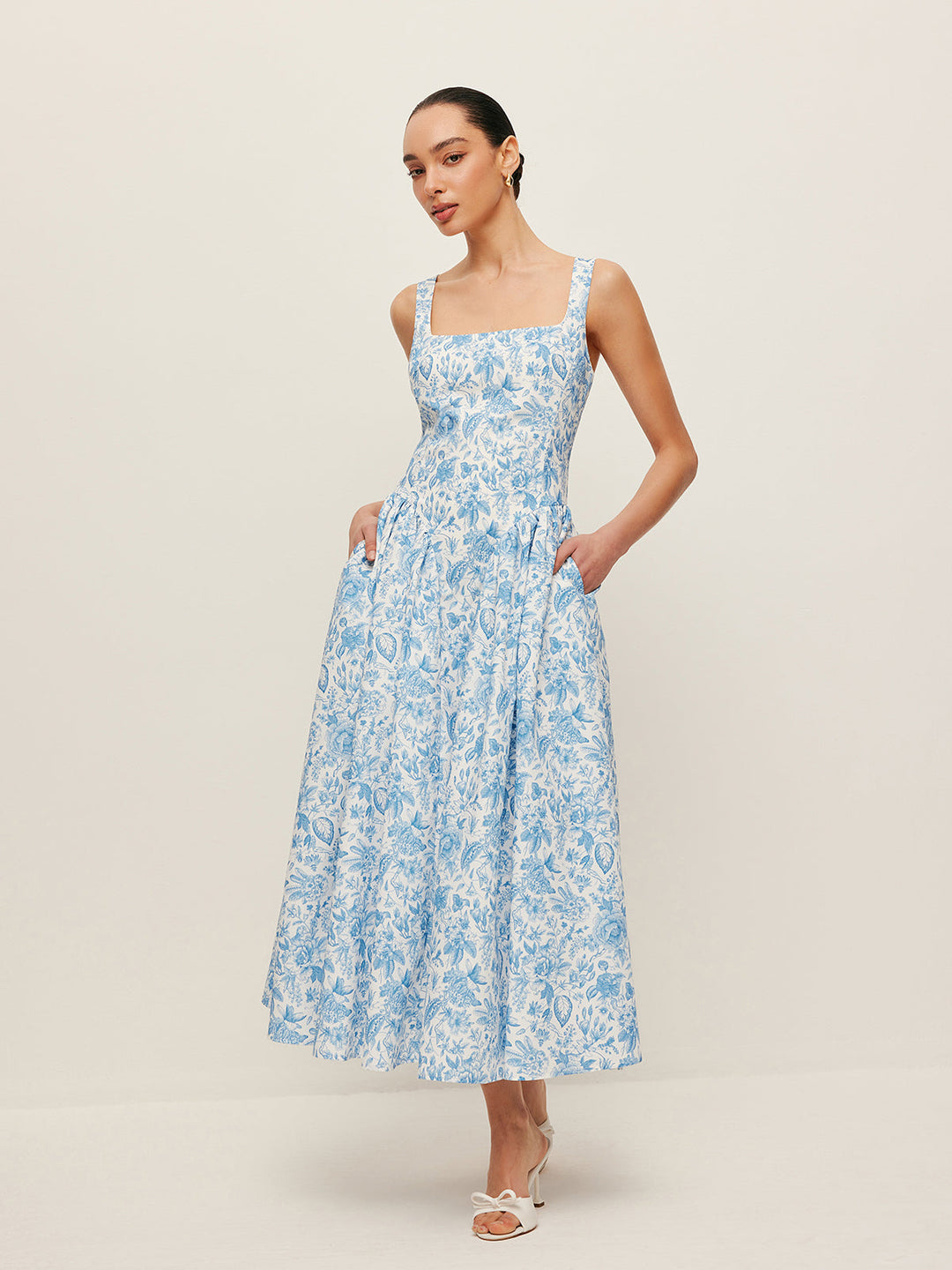 Robe imprimée à col carré avec poches