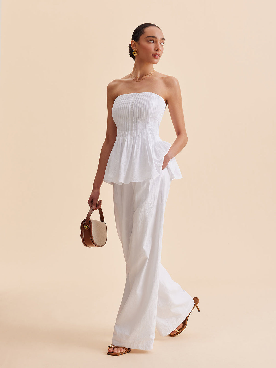 Pantalon large taille mi-haute en coton avec poches