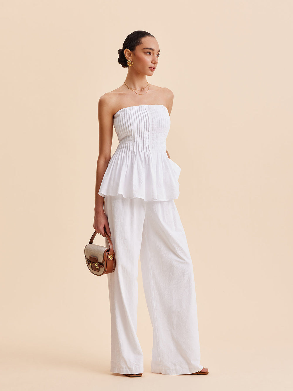 Pantalon large taille mi-haute en coton avec poches