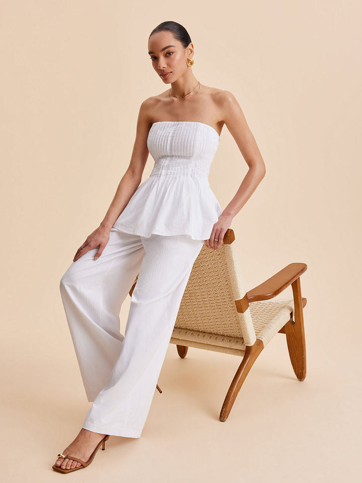 Pantalon large taille mi-haute en coton avec poches