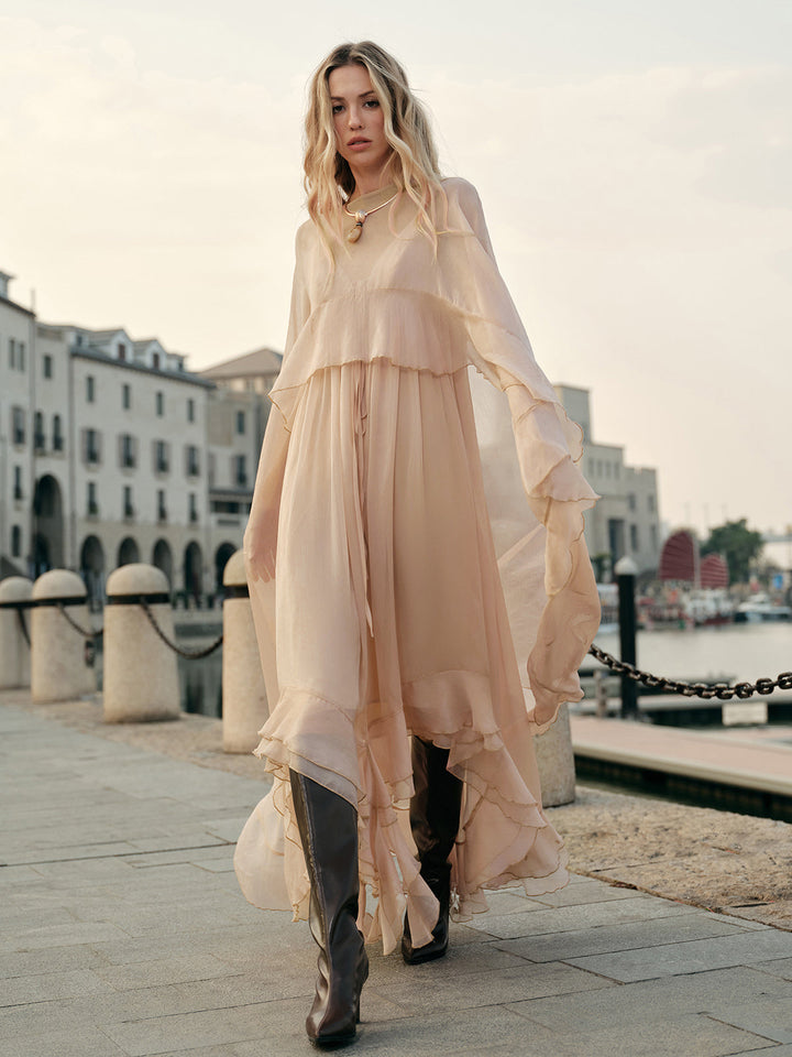 Robe Mi-Transparente en Mousseline Superposée avec Cape
