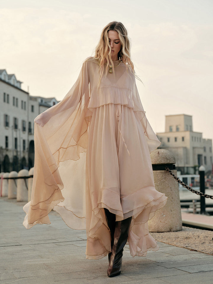 Robe Mi-Transparente en Mousseline Superposée avec Cape
