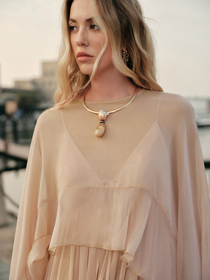 Robe Mi-Transparente en Mousseline Superposée avec Cape