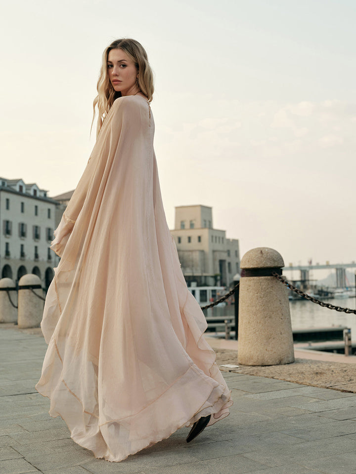 Robe Mi-Transparente en Mousseline Superposée avec Cape