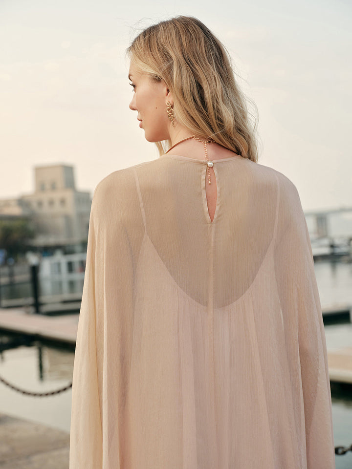 Robe Mi-Transparente en Mousseline Superposée avec Cape