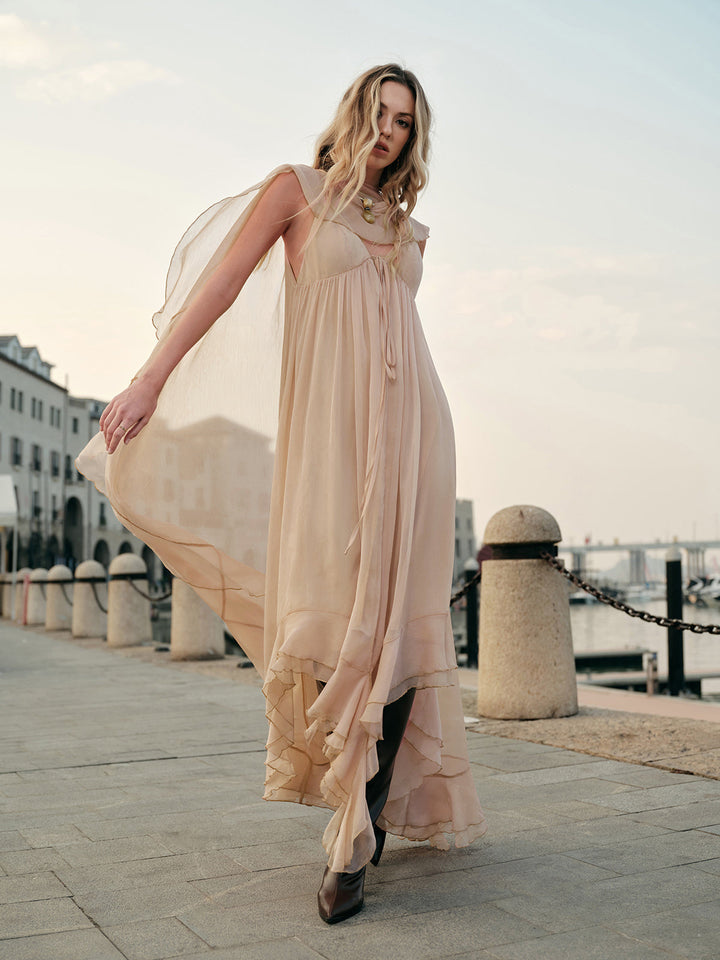 Robe Mi-Transparente en Mousseline Superposée avec Cape